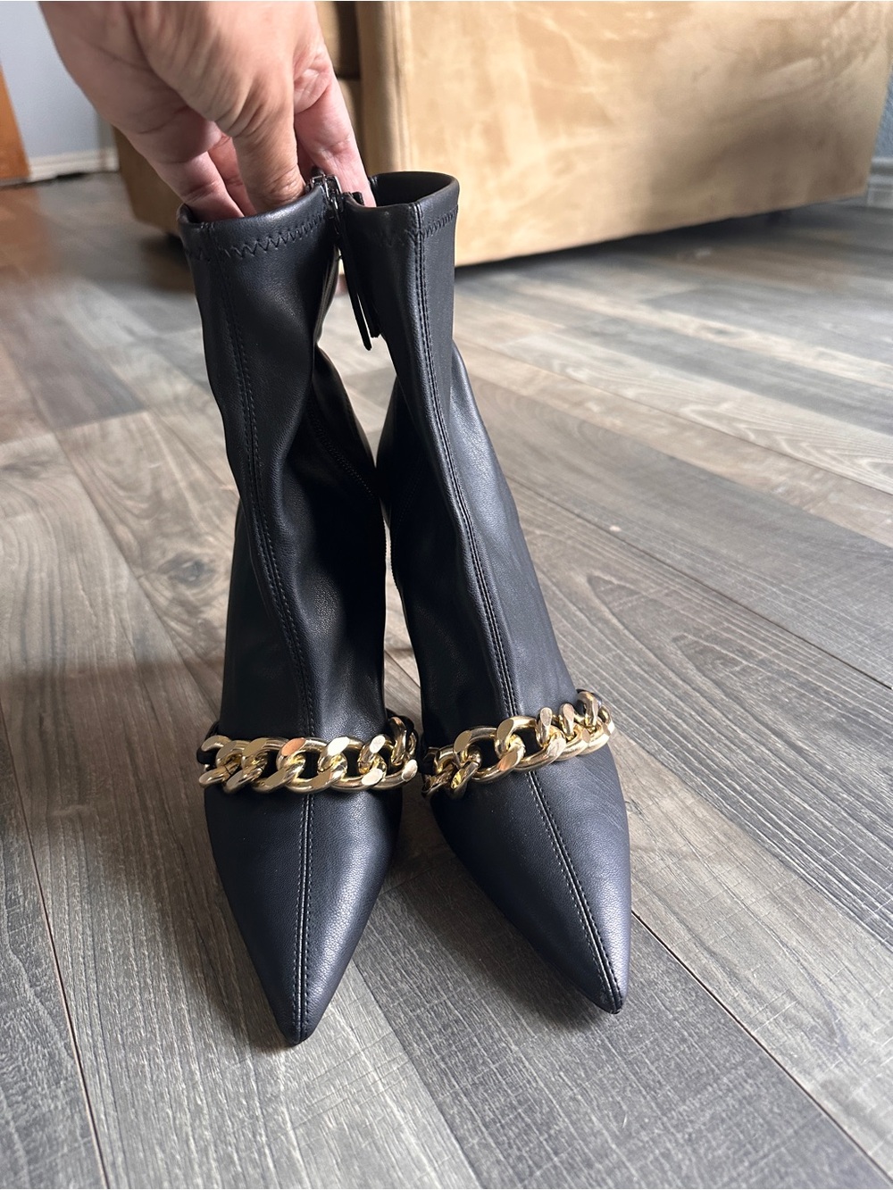 Zara Pointed Toe Ankle Boots with Gold Chain Detail